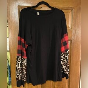 Black Top with Red Plaid and Leopard Sleeves XL